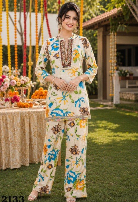 Cream Poly Cotton Print Work Casual Kurti for Festival